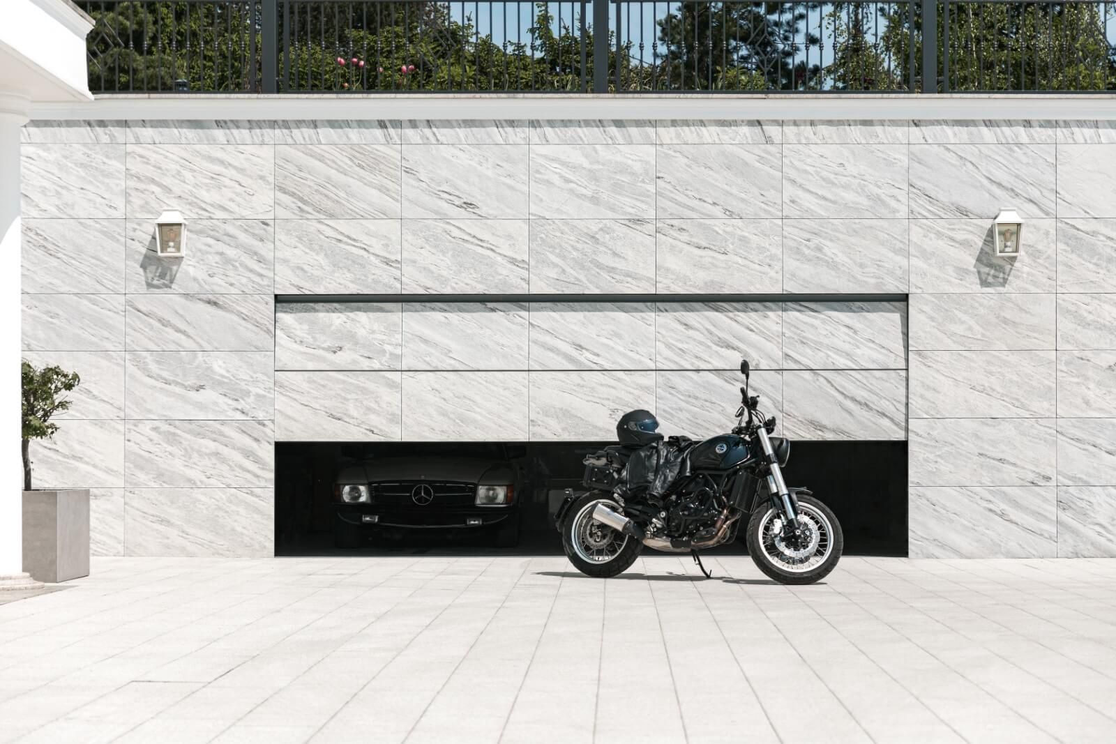 Stone facade garage door