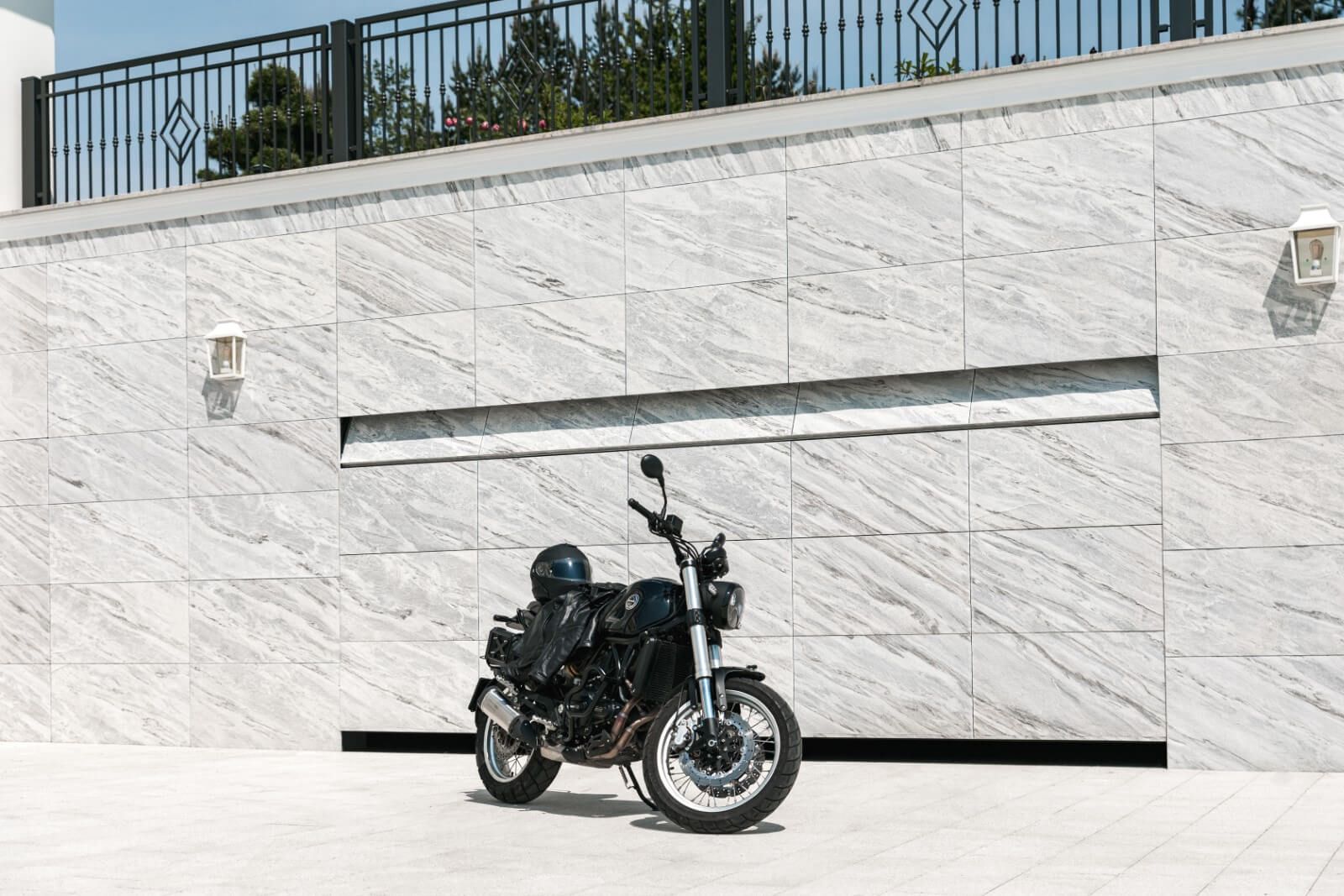 Stone facade garage door