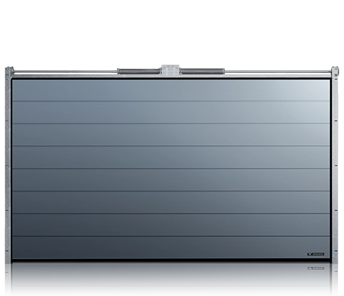 Garage door with panels with high ribs